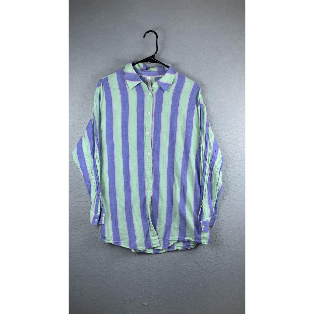 Fabletics Shirt Womens Small Green Purple Stripe Button‎ Front Long Sleeve Top